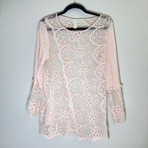 Chicos Sheer Pink Lace Tunic Top Size 1 Medium Floral Mesh Long Sleeve Blouse